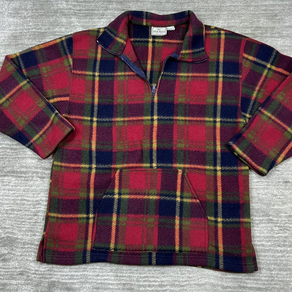 Open Trails Fleece Pullover‎ Womens S Red Plaid Quarter Zip Kangaroo Pocket Top